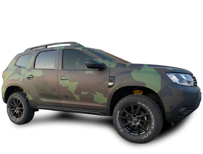 DUster Offroadumbau in Camoflage Dacia Duster Offroad Umbau in Camoflage Matt foliert